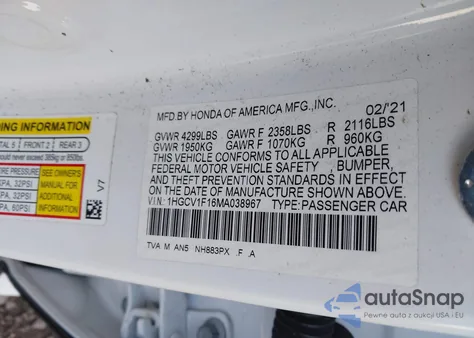 2021 Honda Accord Lx z USA, uszkodzony, nr VIN 1HGCV1F16MA038967